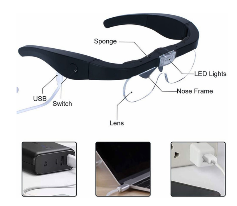 Magnipros Rechargeable Head Magnifying Glasses with 2 LEDs & 4 Detachable Lenses - Senior.com Magnifying Glasses
