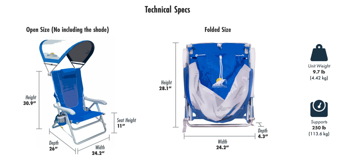 GCI Outdoor SPF SunShade Backpack Beach Chair with 4 Position Backrest - Senior.com Beach Chairs