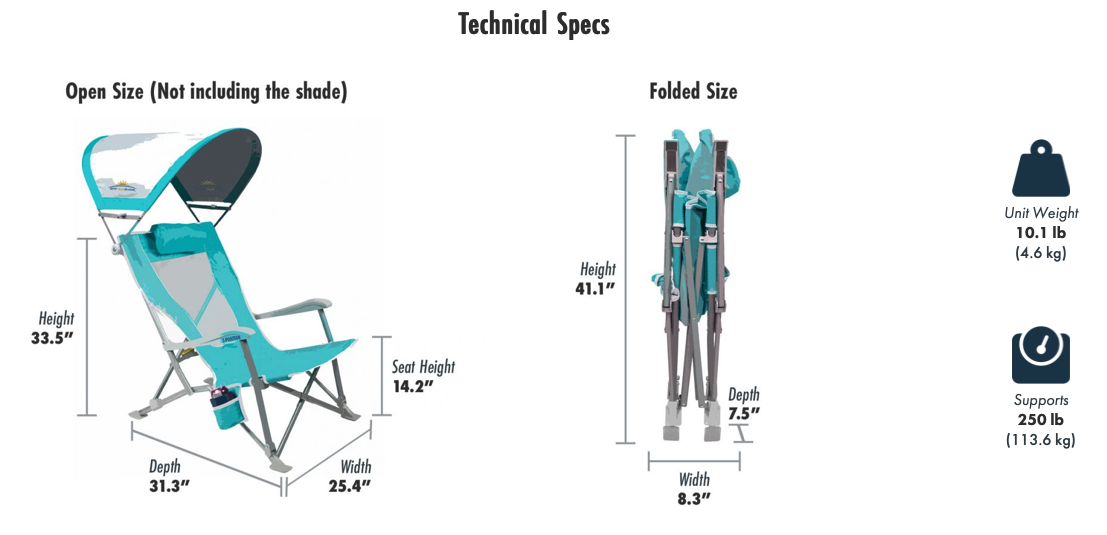 GCI Outdoor SPF SunShade Recliner Beach Chair 3 Recline Positions