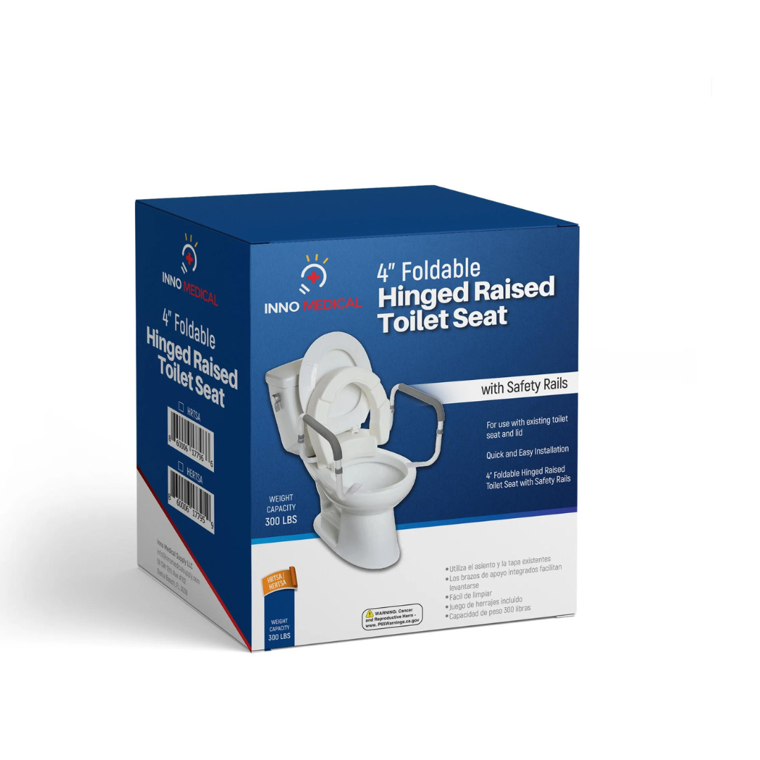 INNO Medical Hinged Raised Toilet Seat with Safety Rails - 3.5" Riser - Senior.com Toilet Seat Risers