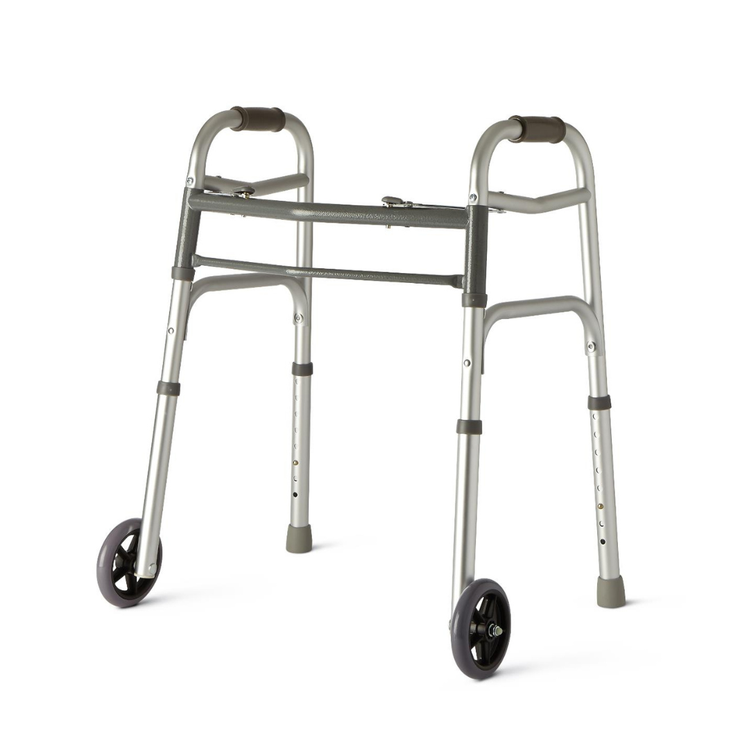 Medline Youth Two-Button Folding Walker with 5" Wheels - Senior.com 2 Button Walkers