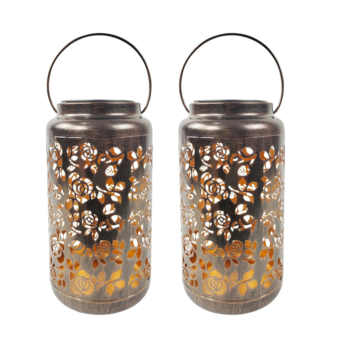 Bliss Outdoors 9" Tall 2-Pack Hanging and Tabletop Decorative Solar LED Lantern w/ Unique Rose Design - Senior.com Camping Lights & Lanterns