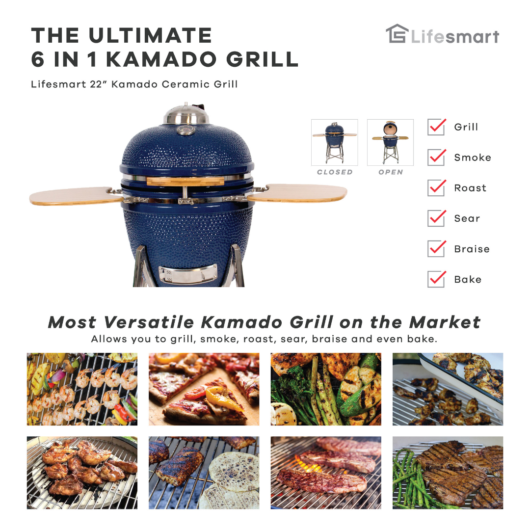Lifesmart  XL 22" Ceramic Kamado Grill - Grill, Smoke, Roast, Sear, Braise and Bake  - Senior.com Grills & Barbecues