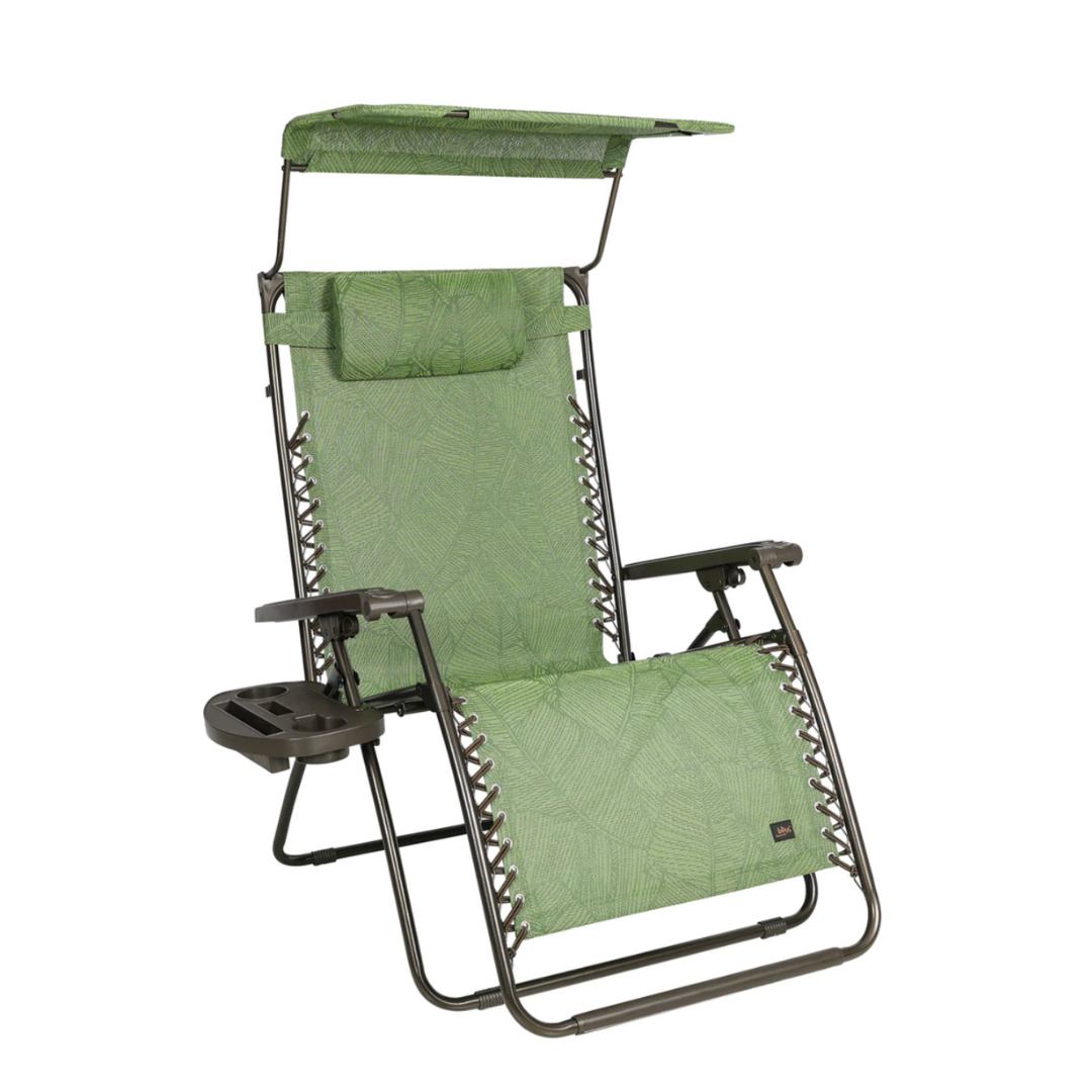 Bliss 33" Wide XXL Gravity Free Reclining Outdoor Chair w/ Canopy, Pillow, & Drink Tray - Senior.com Outdoor Chairs