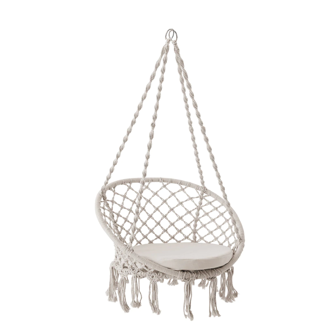 Bliss Hammocks 31.5 Wide Macrame Swing Chair w Fringe Cushion