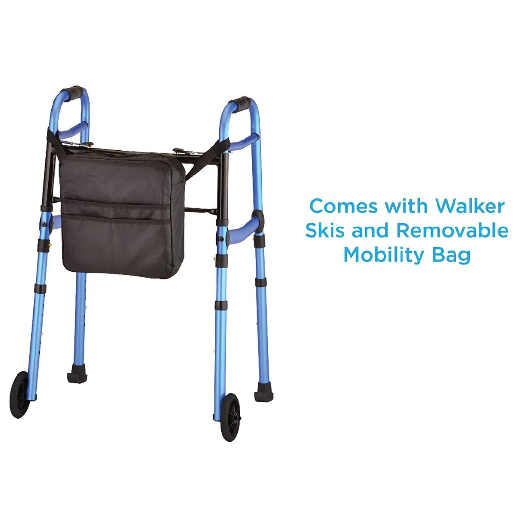 Nova Medical Folding Walker with 5” Front Wheels, Glide Skis and Mobility Bag - Blue - Senior.com walkers