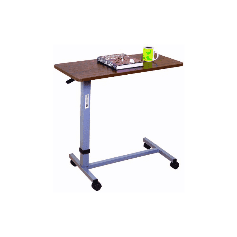 Essential Medical supply Automatic Adjustable Overbed Table with Woodgrain Top - Senior.com Overbed Tables