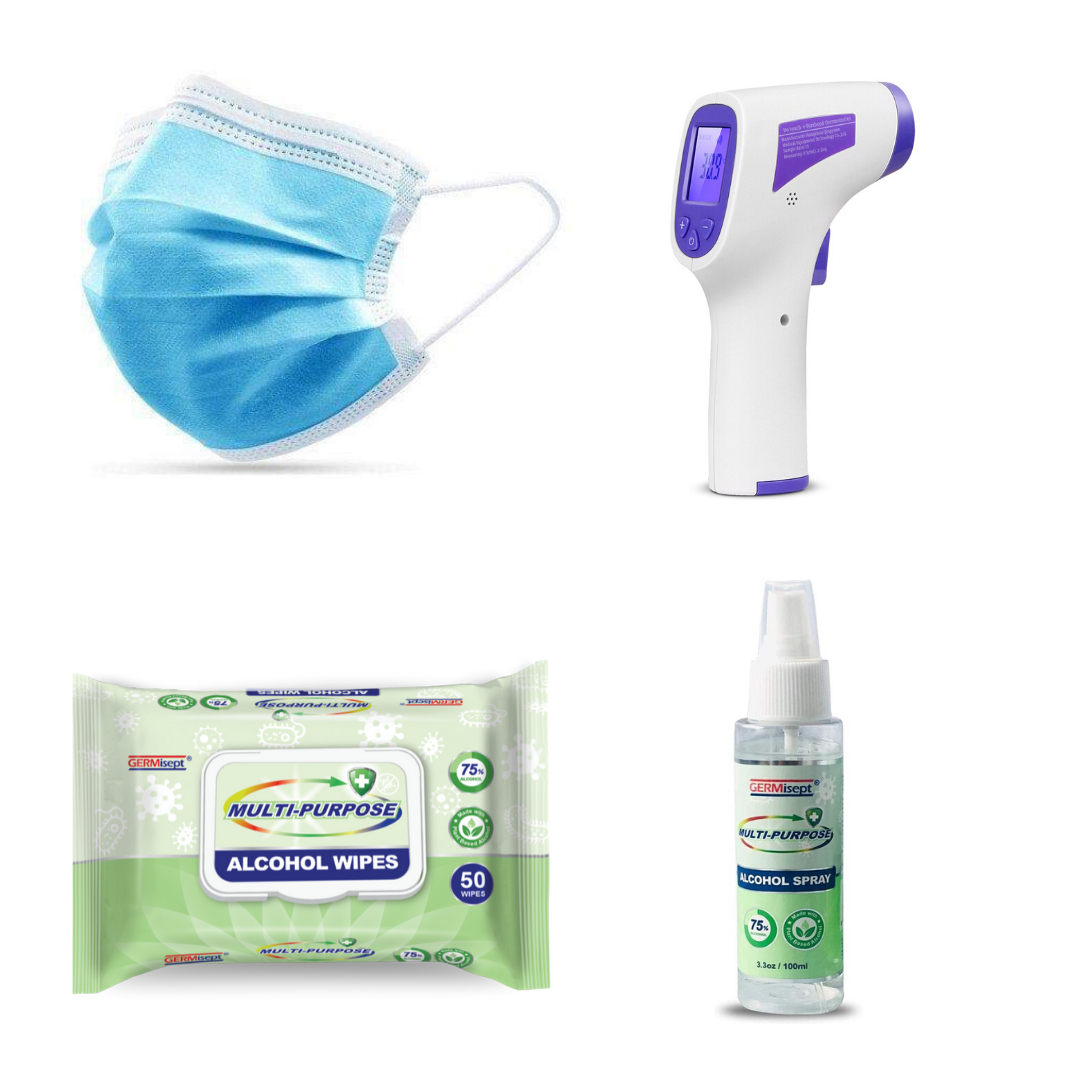 PPE Senior Deluxe Kit I - Dusk Masks, Hand Sanitizer, Alcohol Wipes & Infrared Forehead Thermometer - Senior.com PPE Kits