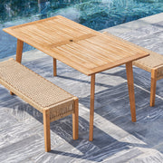 Vifah Chesapeake 3-Piece Patio Acacia Wooden Mixed Strapped Rattan Dining Set with 3-Seater Benches - Senior.com Outdoor Dining Sets