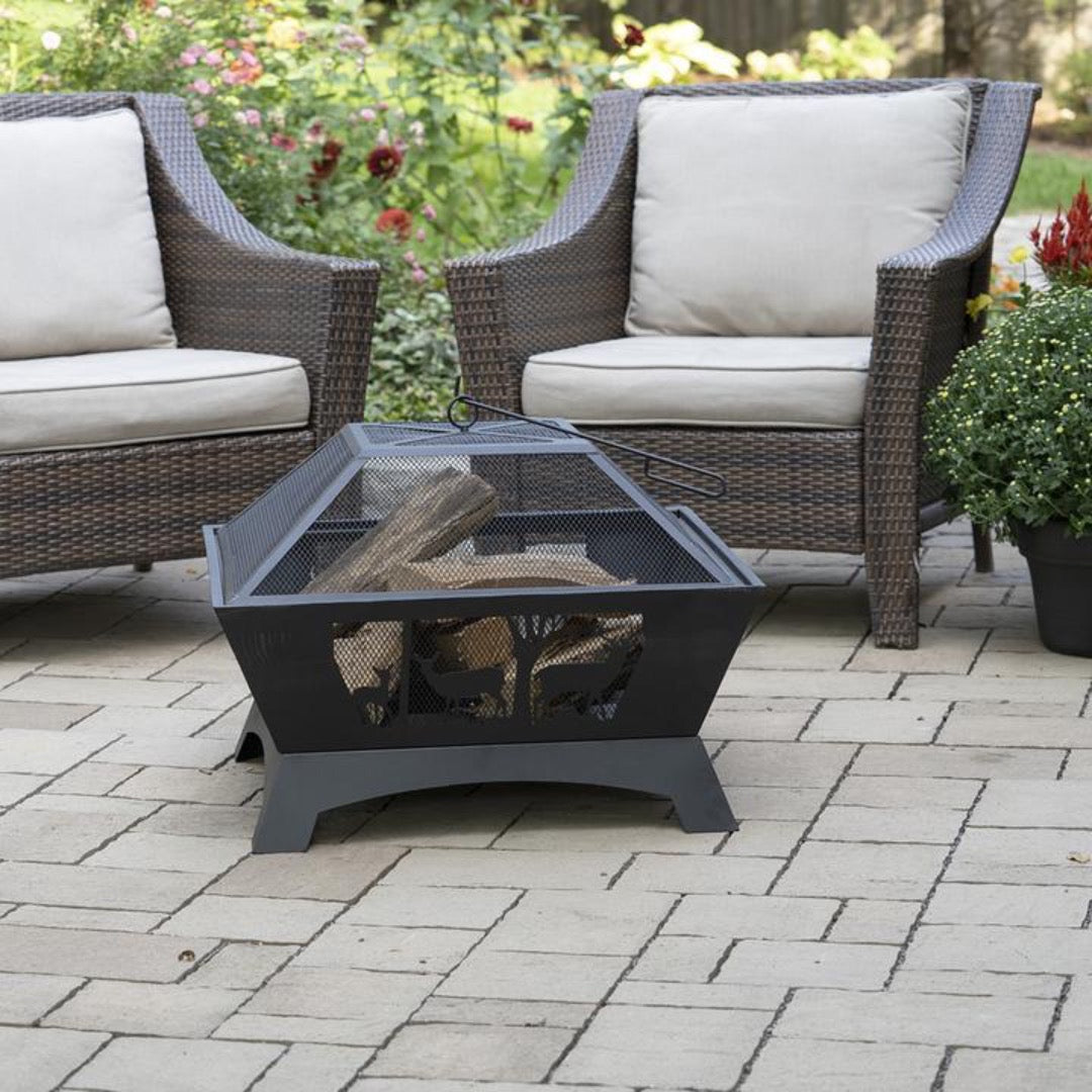 Blue Sky Outdoor Square Fire Pit with Decorative Steel Base & Spark Screen - Senior.com Fire Pits