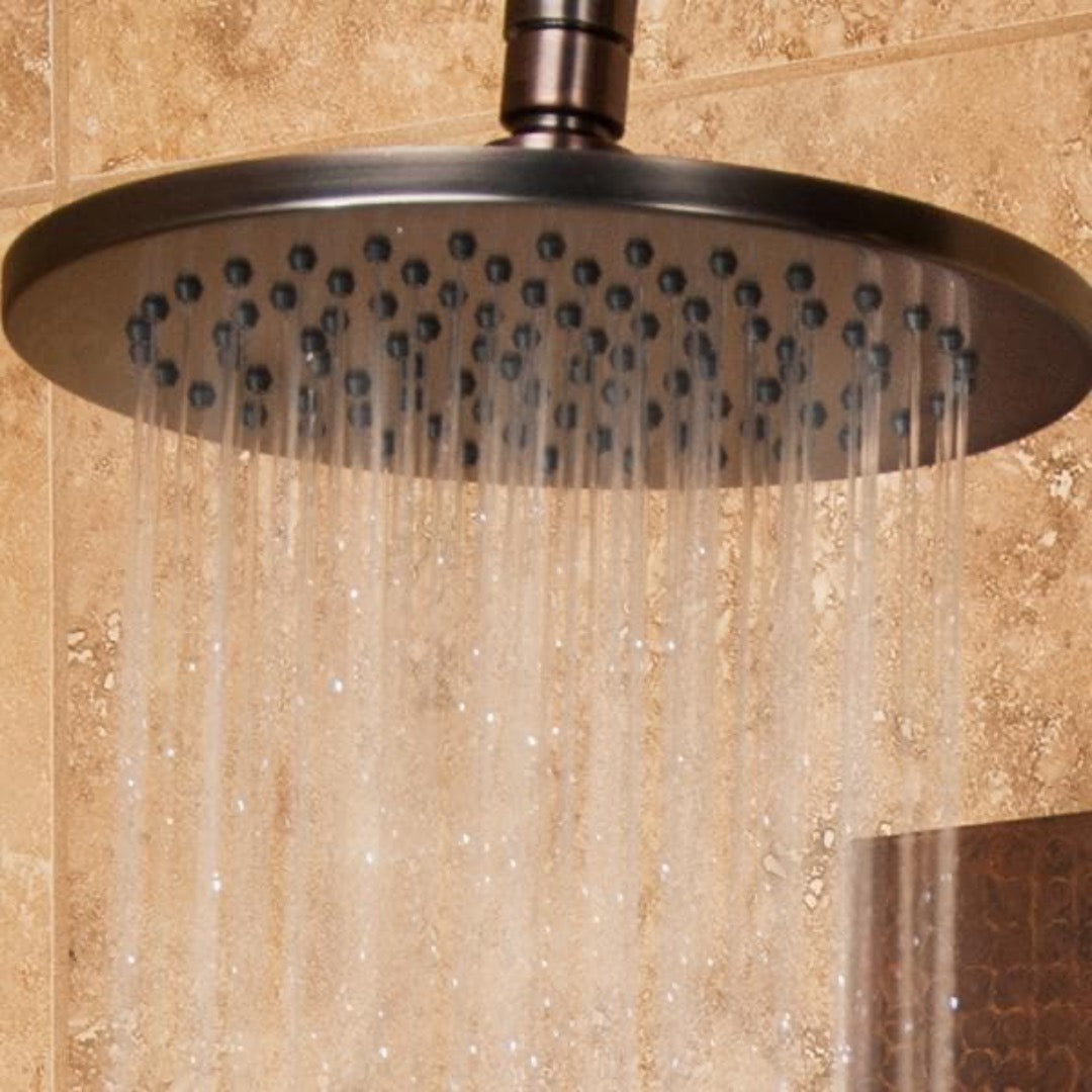 Pulse ShowerSpas Mojave Panel with 8" Rain Showerhead, 8 Body Spray Jets, 5-Function Hand Shower, Glass Shelf and Tub Spout, Hand Hammered Copper with Oil Rubbed Bronze Finish - Senior.com Shower Systems