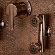 Pulse ShowerSpas Mojave Panel with 8" Rain Showerhead, 8 Body Spray Jets, 5-Function Hand Shower, Glass Shelf and Tub Spout, Hand Hammered Copper with Oil Rubbed Bronze Finish - Senior.com Shower Systems